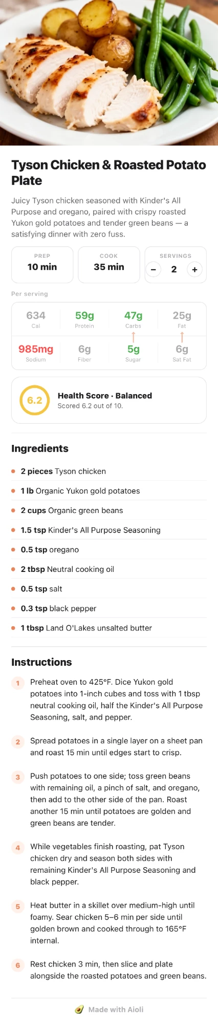A full Aioli recipe — chicken with roasted potatoes and green beans, with macros and steps